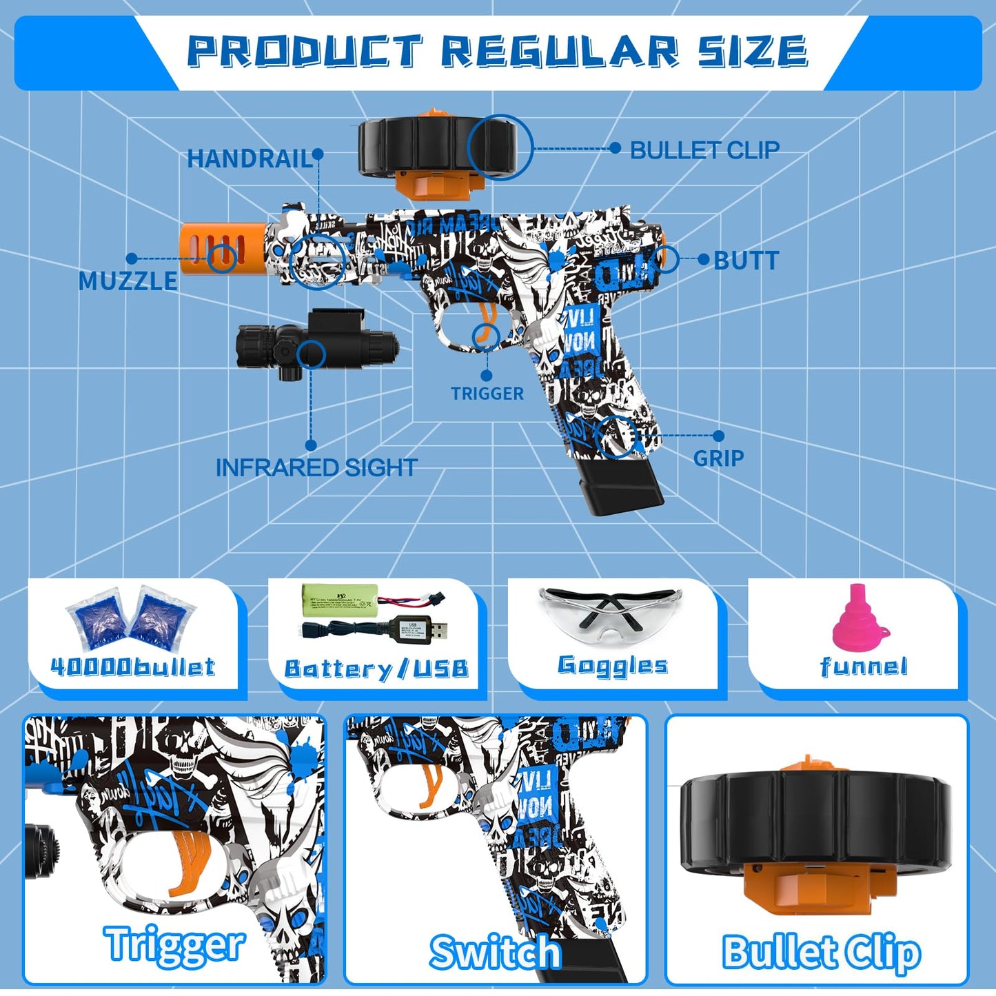 PICKMERA Electric Gel Ball Blaster Kit — High-Speed Splatter Ball Blaster with Goggles & 80,000+ Gel Balls