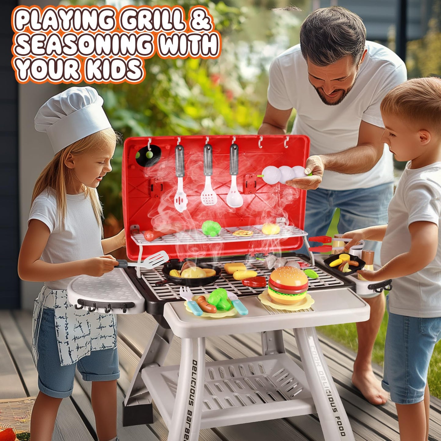 PickupArts 2026 Kids BBQ Grill Playset – Smoke, LED Lights, Two-Story Design