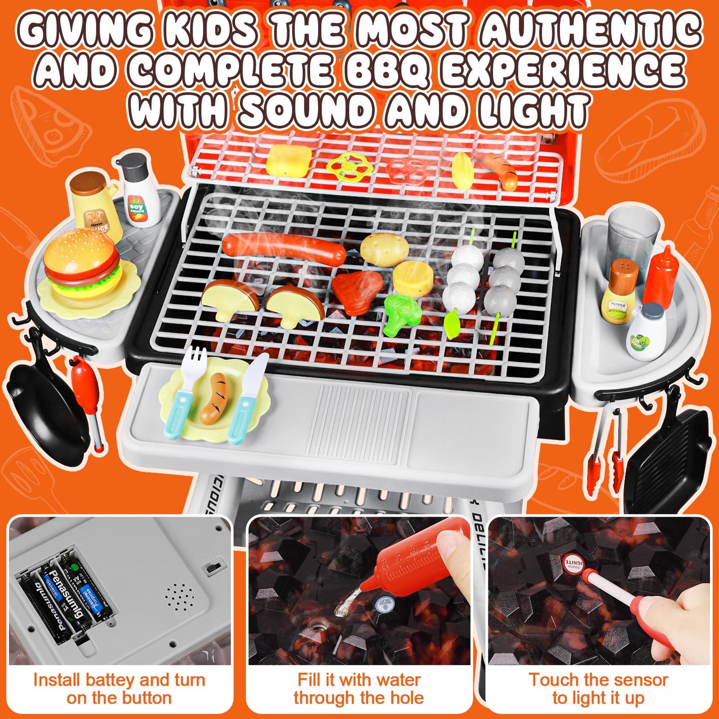 PickupArts 2026 Kids BBQ Grill Playset – Smoke, LED Lights, Two-Story Design