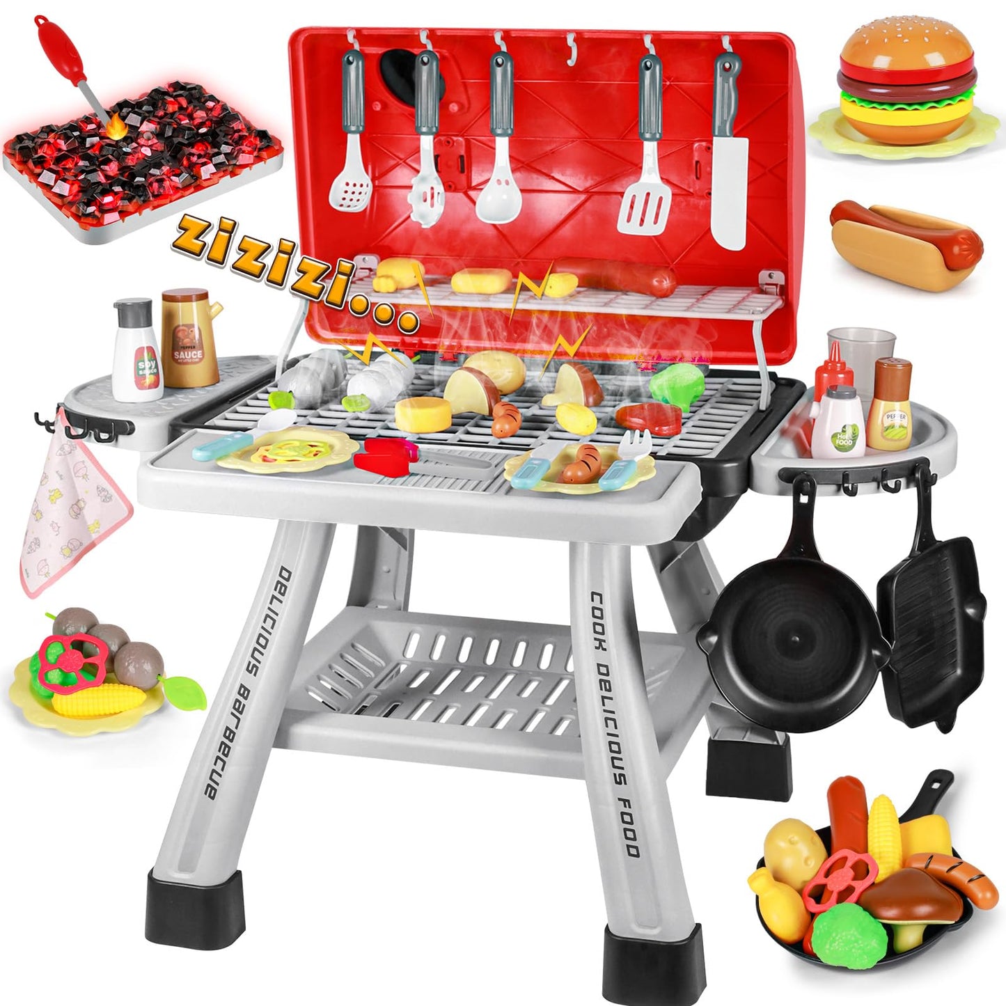 PickupArts 2026 Kids BBQ Grill Playset – Smoke, LED Lights, Two-Story Design