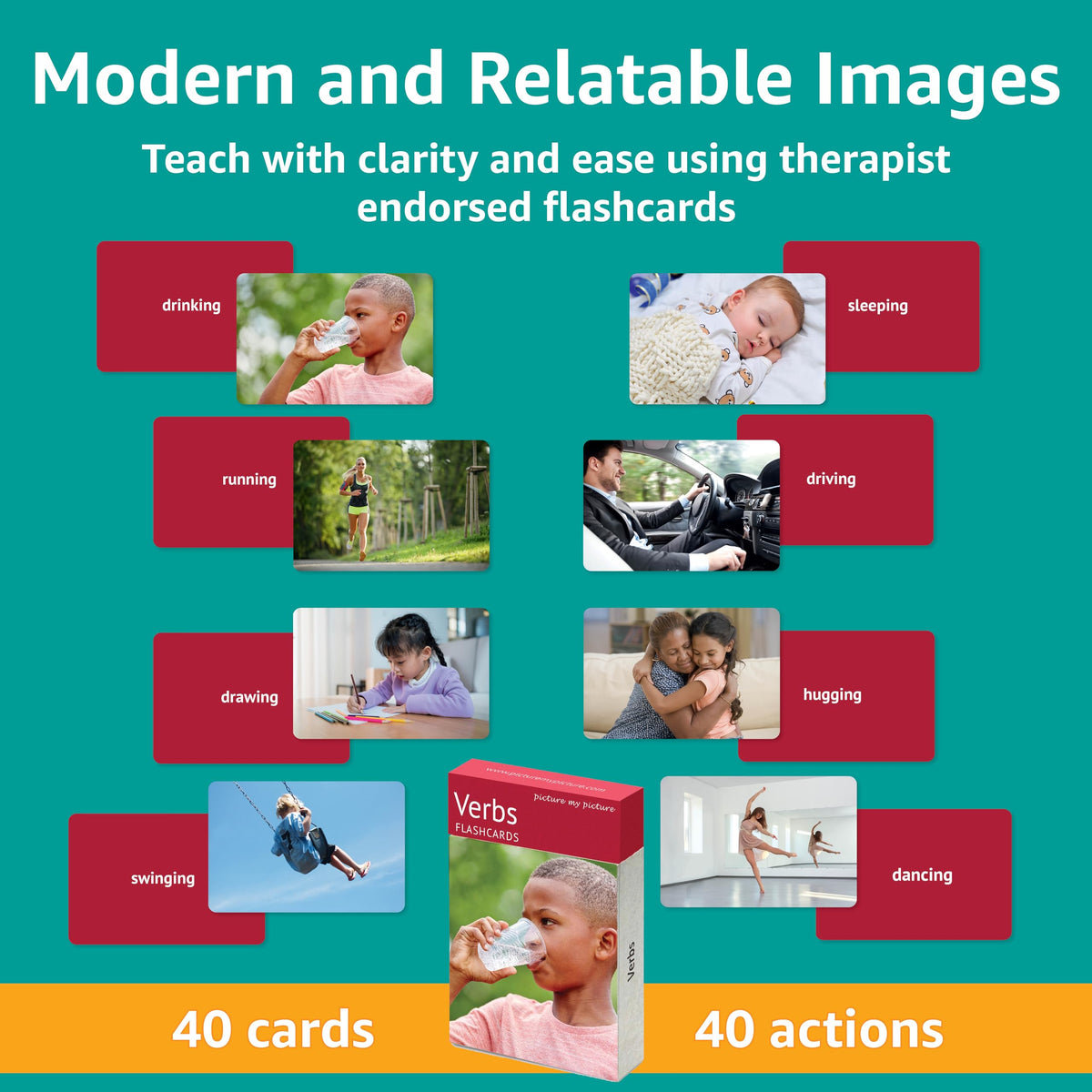 Picture My Picture Verbs Volume 1 Flash Card Set – 40 Real-Photo Verbs for Speech Therapy, ESL & ABA (Scratch-Resistant, Activity Guide)