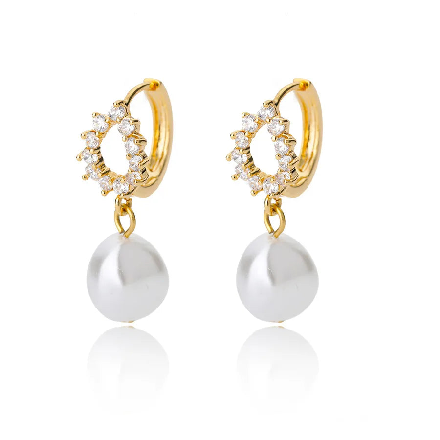 1 pair elegant geometric plating inlay freshwater pearl copper zircon drop earrings