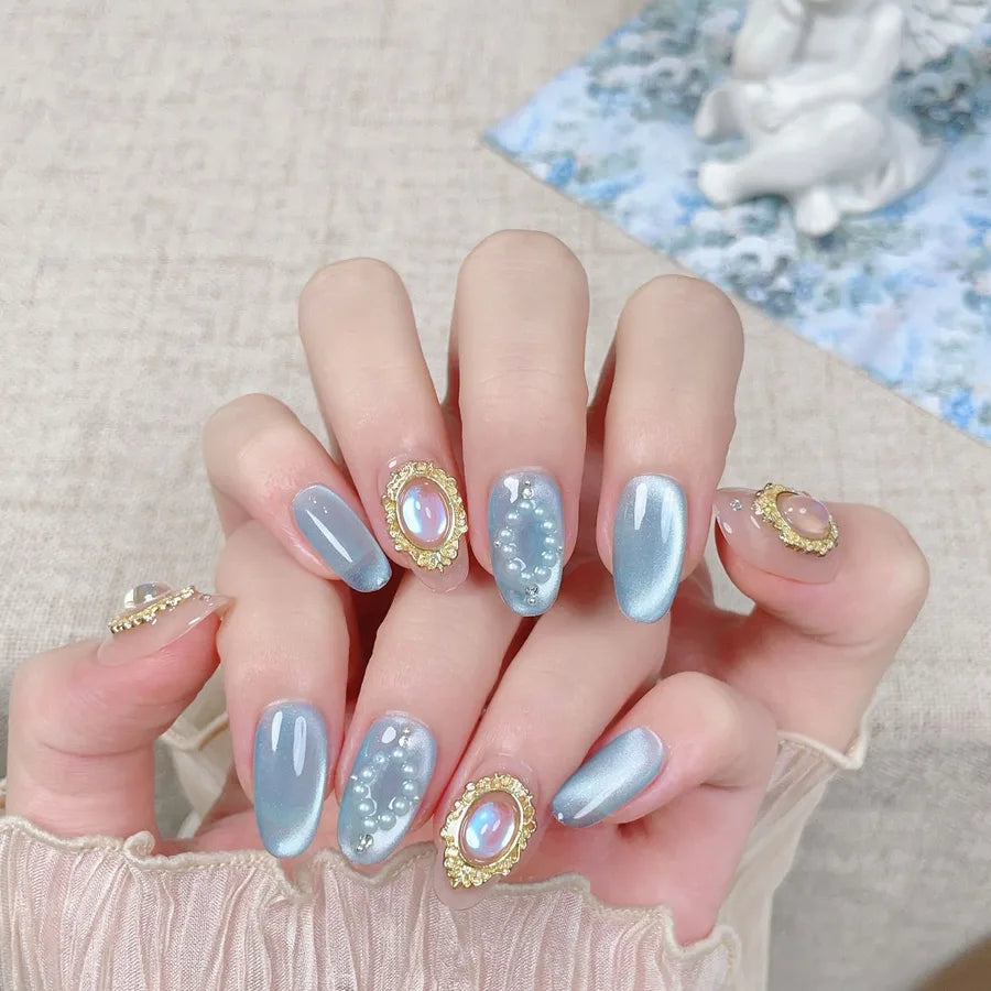 Handmade Cat Eye Nail Tips Pure Gold Mirror Powder Detachable Wearing False Nails Starry Sky Pattern High Gloss Sensation