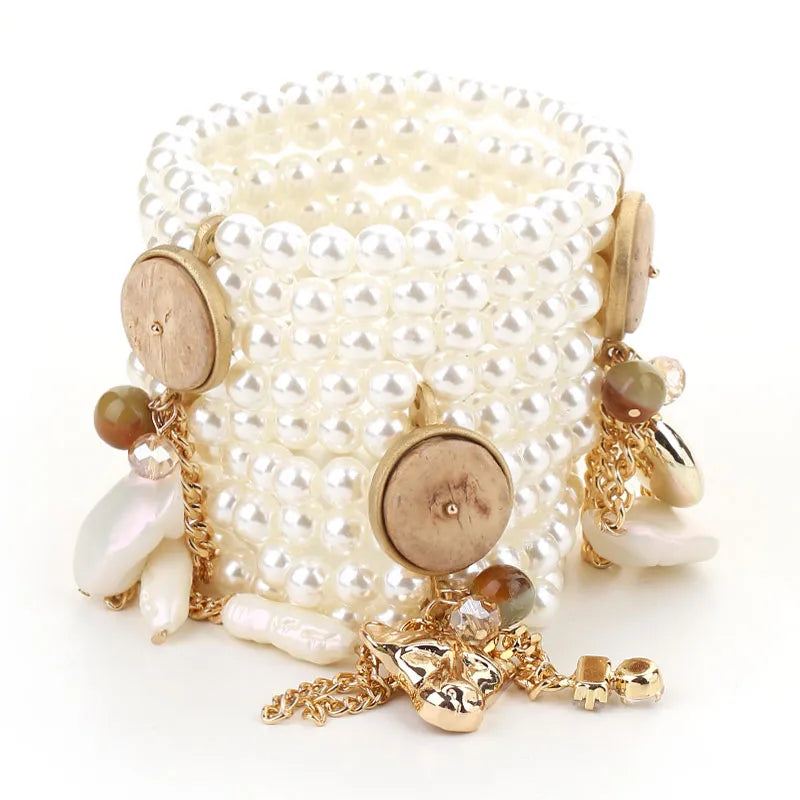 Elegant Lady Streetwear Pearl Imitation Pearl Alloy Wood Beaded Chain Beaded Bracelets Wholesale
