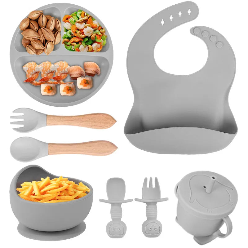 Baby silicone tableware suit baby learning to eat food supplement tableware self-eating sucker bowl integrated children's plate