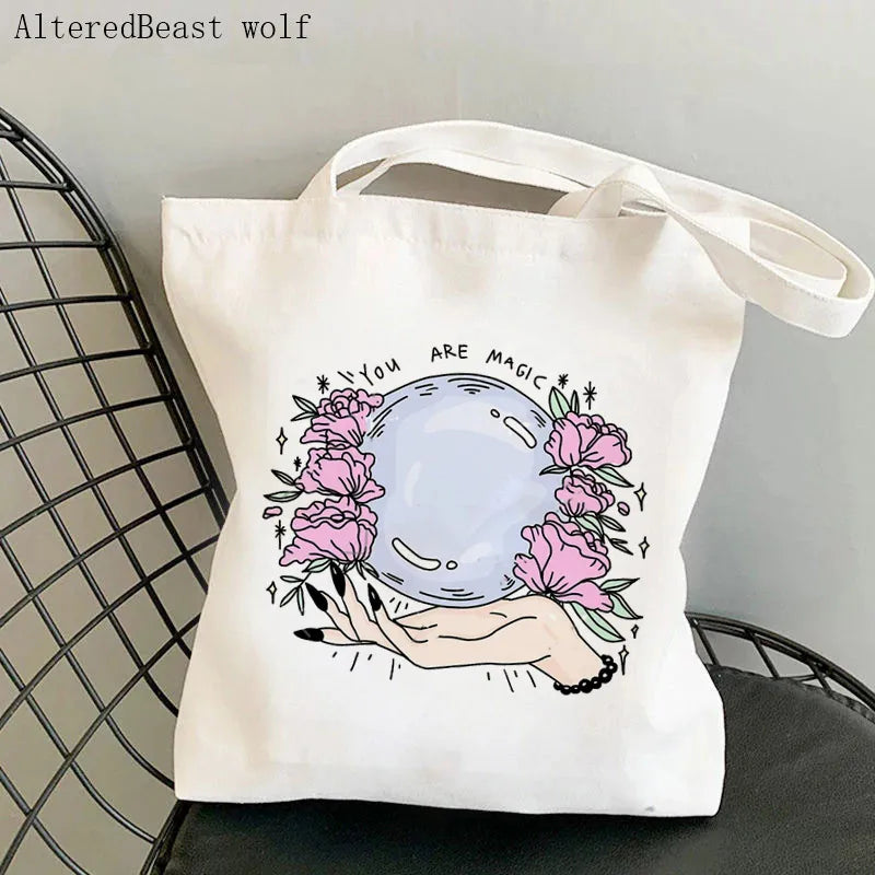 Magic Witch Pastel Gothic Handbag Printed Canvas Tote Single Shoulder Shopping Bag Ladies Fashion Handbag