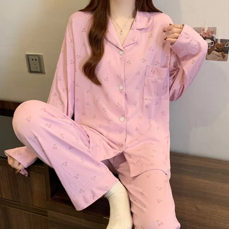 Sweet Girl Heart Print Open Cardigan Sleepwear Long Sleeve Crepe Home Clothes Set Spring New Style Casual Breathable Polyester