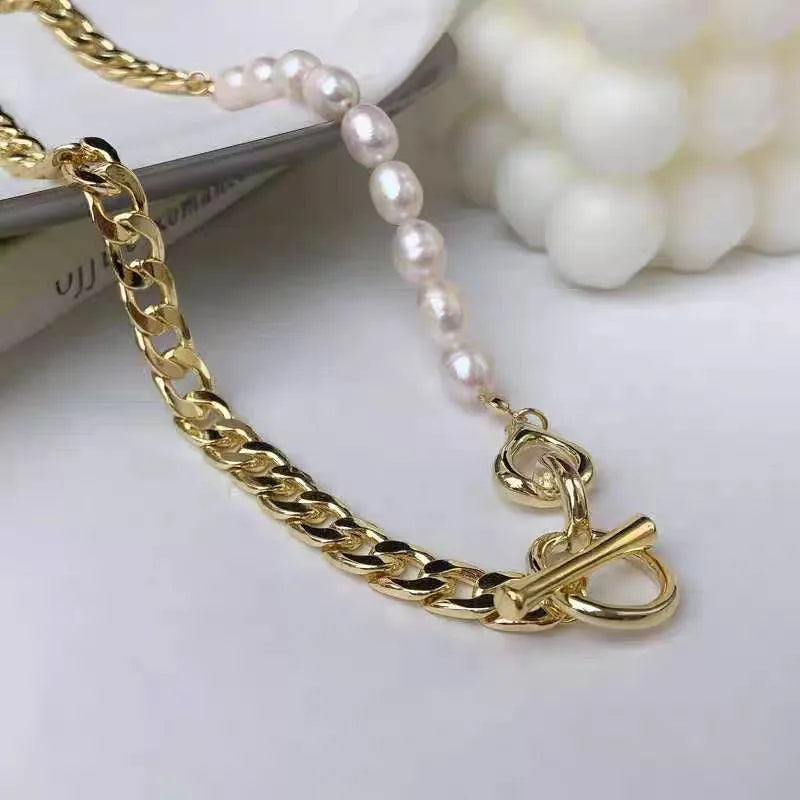 Freshwater Pearl Copper Half Chain Tube and Chain Lines Necklace
