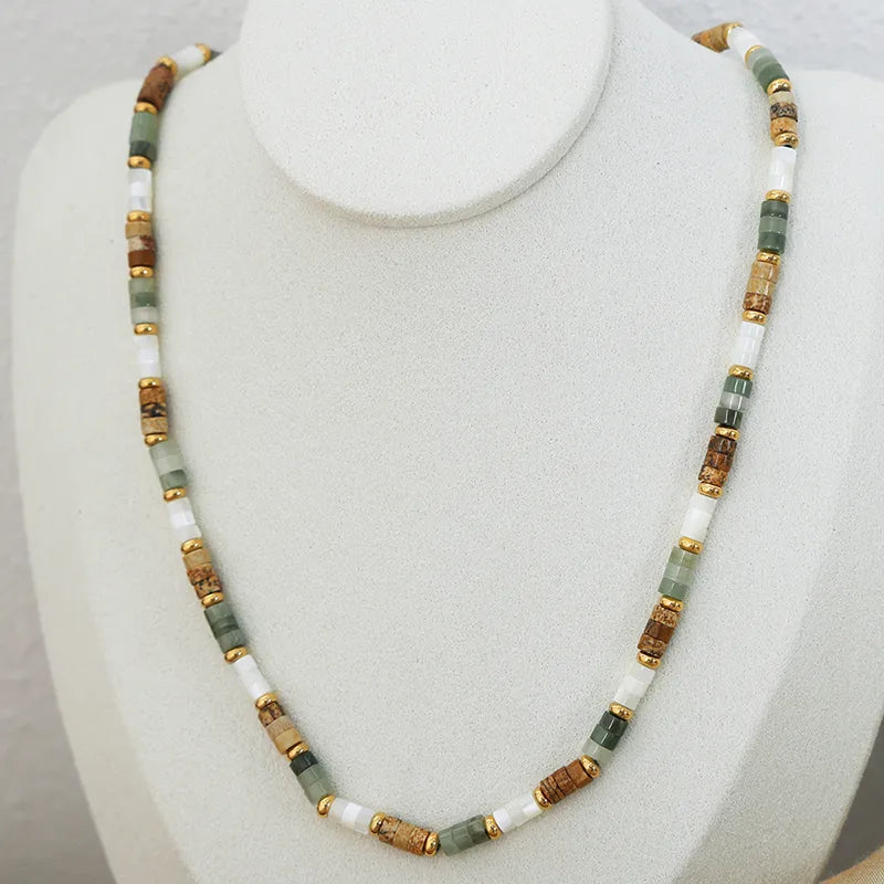 casual vacation color block natural stone titanium steel 18k gold plated necklace in bulk