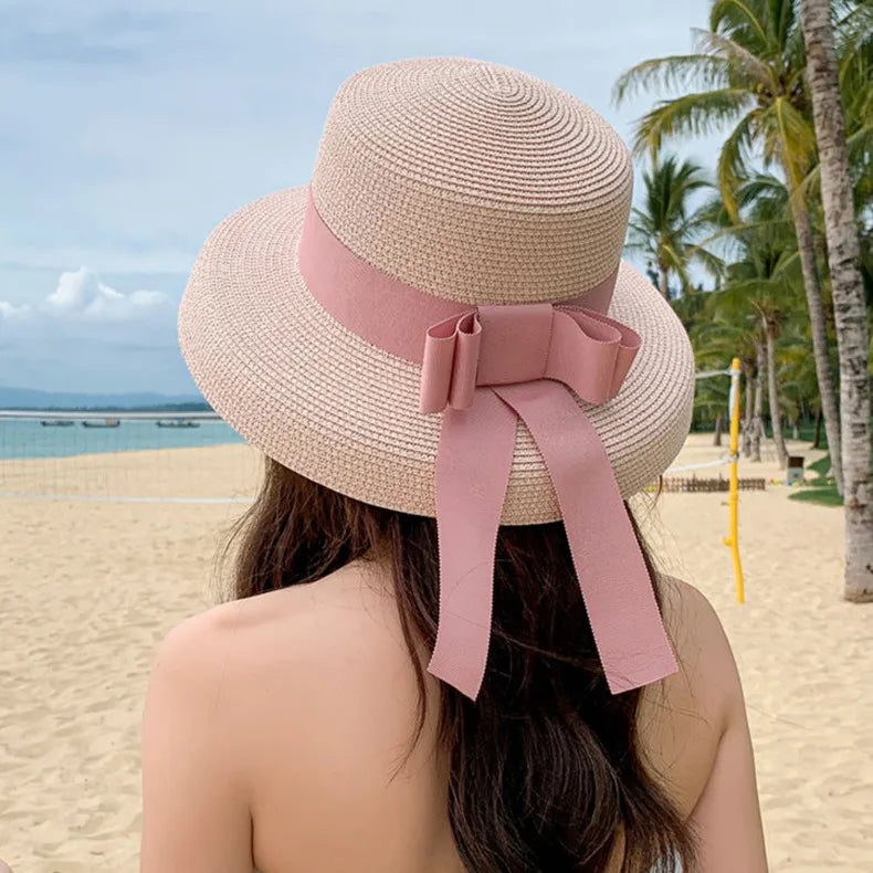 women's classic style bow knot braid curved eaves straw hat