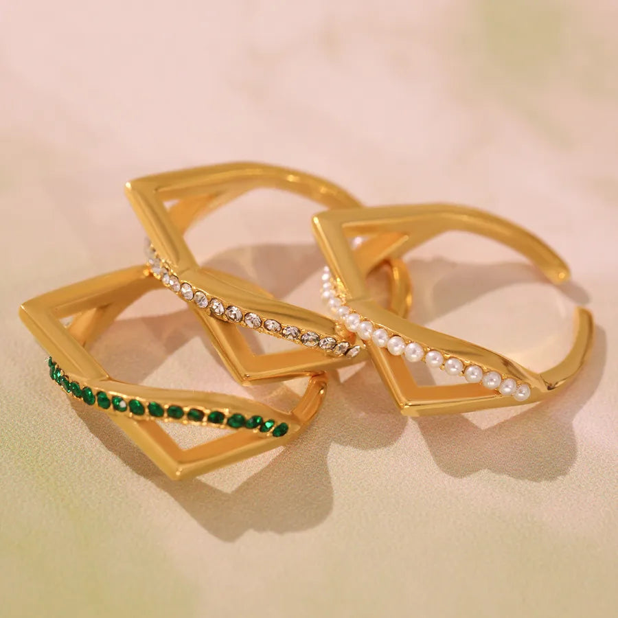 Wholesale Jewelry Casual Elegant Cute Geometric 304 Stainless Steel Imitation Pearl Zircon 18K Gold Plated Plating Inlay Rings