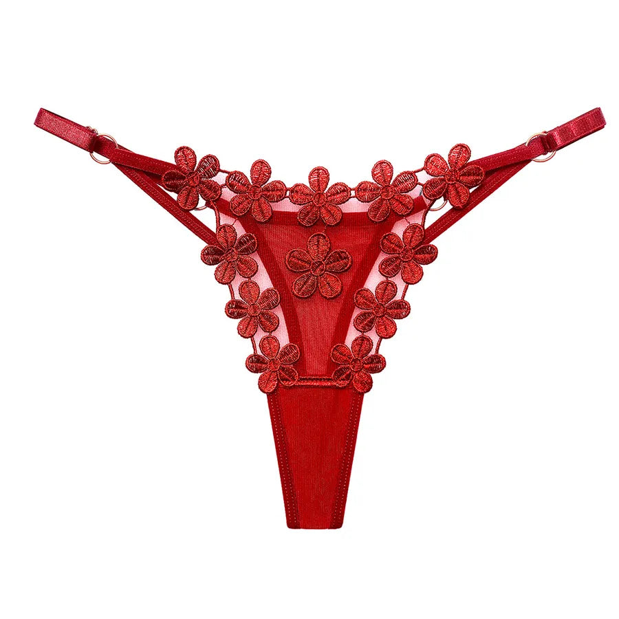 flower embroidered mesh breathable adjustable thin band g-string