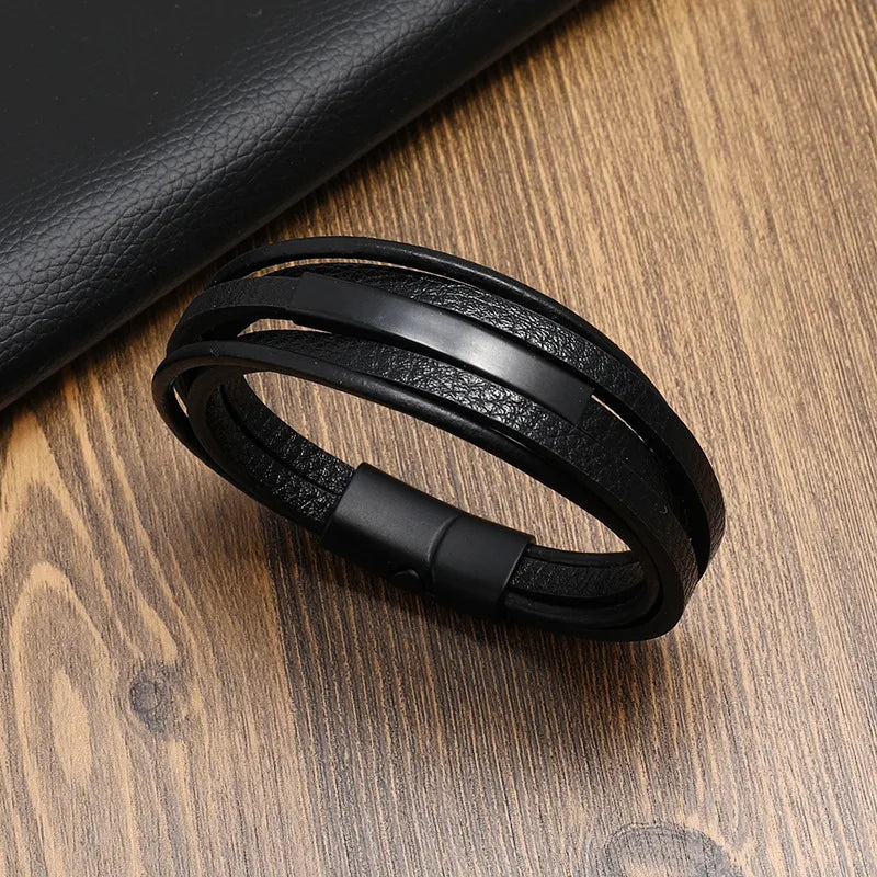 Factory Direct Sales  Hot Stainless Steel Leather Cord Bracelet Men's Magnetic Buckle Multilayer Simplicity Woven Leather Bracelet