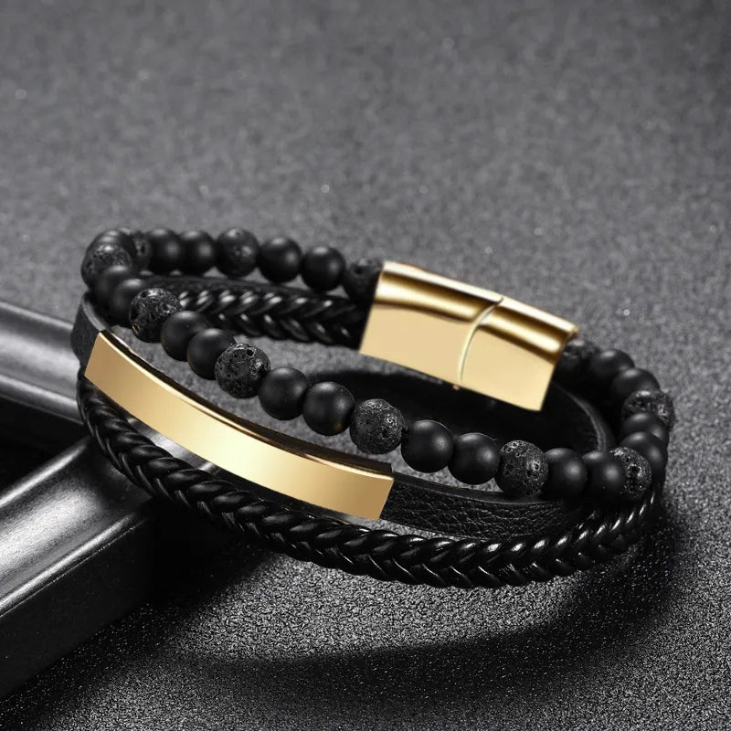 1 piece fashion round pu leather alloy beaded layered patchwork men's bracelets