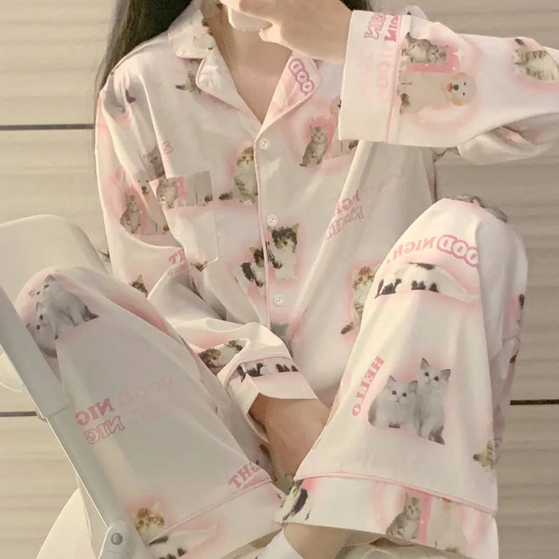 Pure Color Lace Splice Smooth Ice Silk Sleepwear Set Women Long Sleeve Long Pants Two Piece Set High-End Sensation Home Clothes