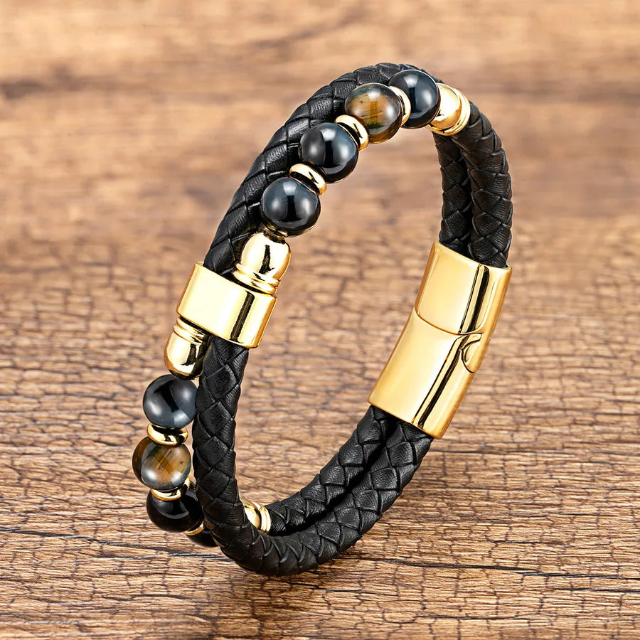 simple style geometric leather rope stone metal handmade metal button unisex bracelets