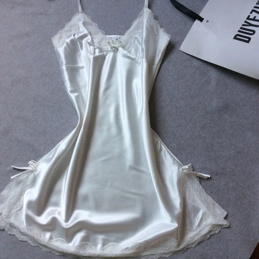 Summer silk-like Ladies sling nightgown sexy V-neck spinning satin pajamas home clothes wholesale agent