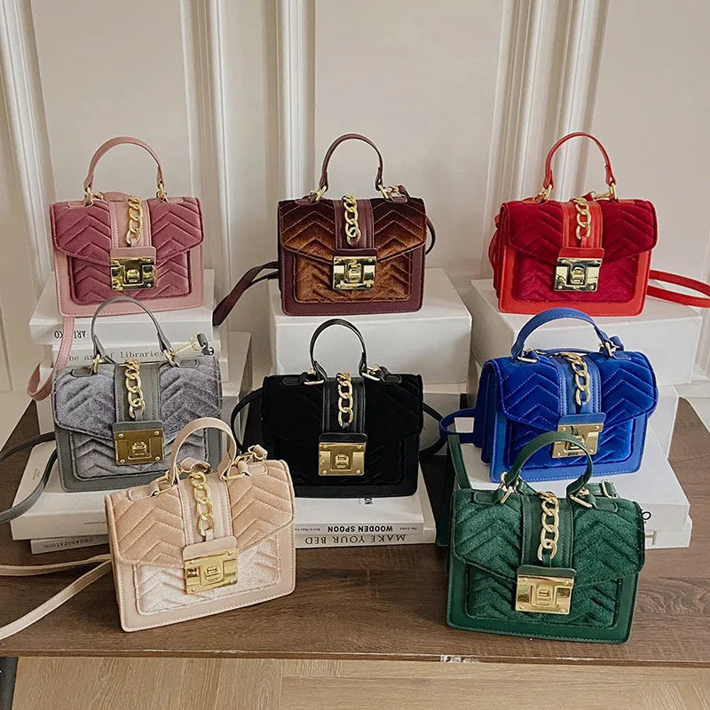 Women's Small velvet Solid Color Elegant Square Lock clasp Square Bag