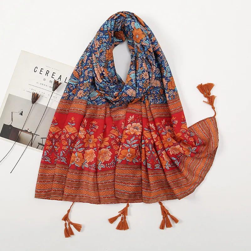 women's retro color block polyester printing scarf