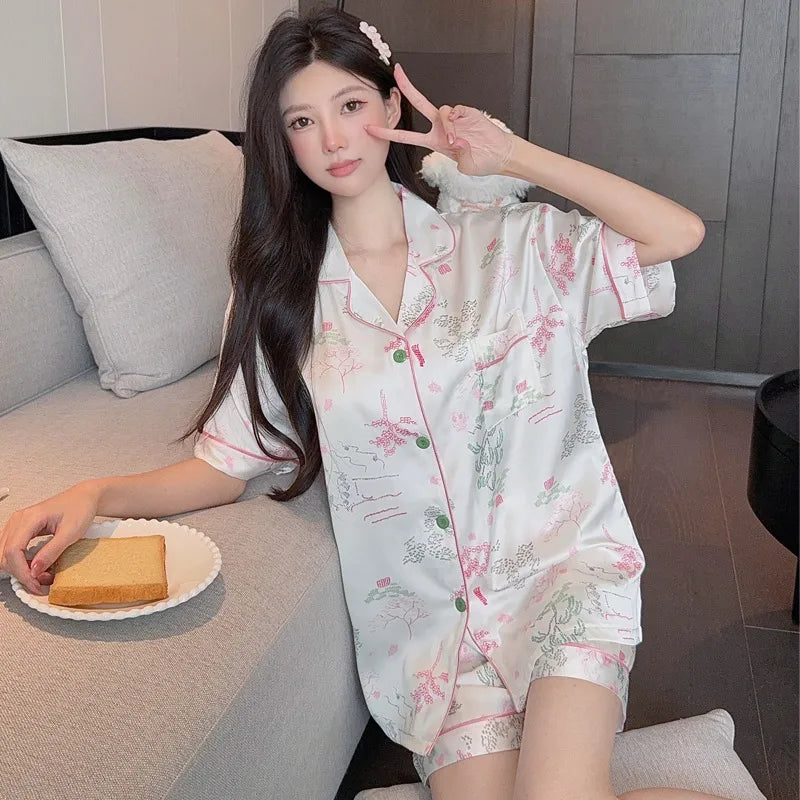 Elegant Ice Silk Sleepwear Women's Summer Butterfly Print Short Sleeve Home Clothes Set Can Be Worn Outside Breathable Casual