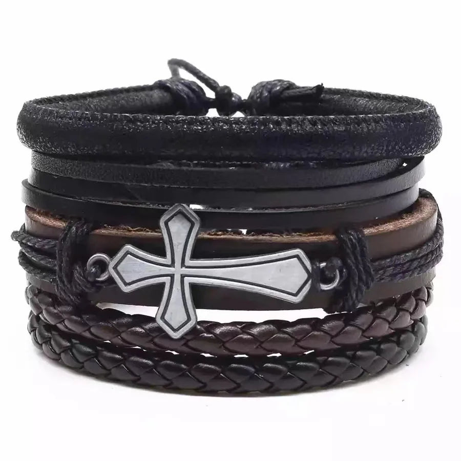 Four-Piece Card Punk Hardware Woven Bracelet Leather Bracelet Multi-Layer Suit Cross Retro Ornament Men's