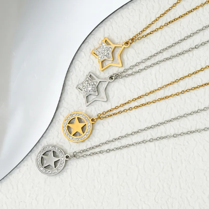 Wholesale Jewelry Elegant Cute Artistic Star 304 Stainless Steel Zircon Inlay O-shaped chain Pendant Necklace