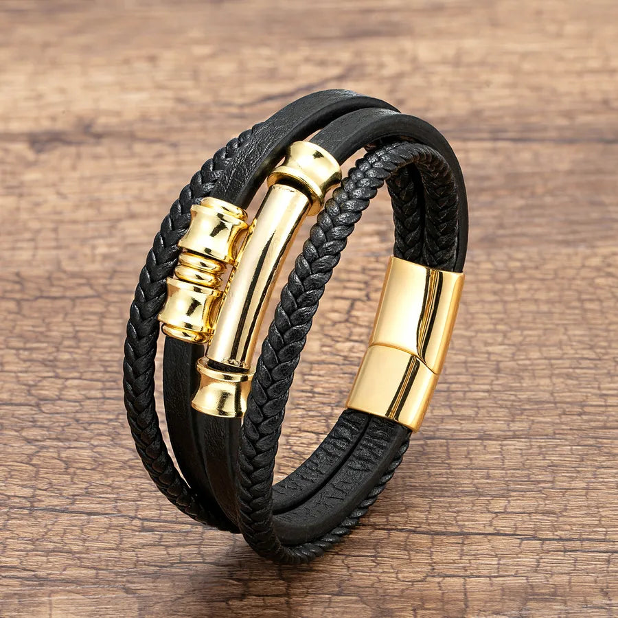Retro Men's Simplicity Stainless Steel Buckle Leather Cord Bracelet  Fashion Personality Multi-Layer Leather Ornament Bracelet
