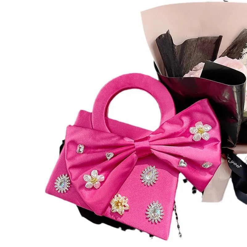 Women's Small Silk Flower Bow Knot Streetwear Square Magnetic Buckle Shoulder Bag Handbag