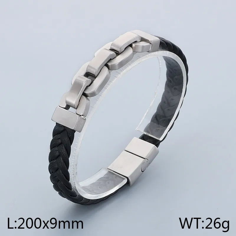 Business Geometric 304 Stainless Steel Microfiber Leather 18K Gold Plated Men's Bangle Men Cord & Leather Bracelets