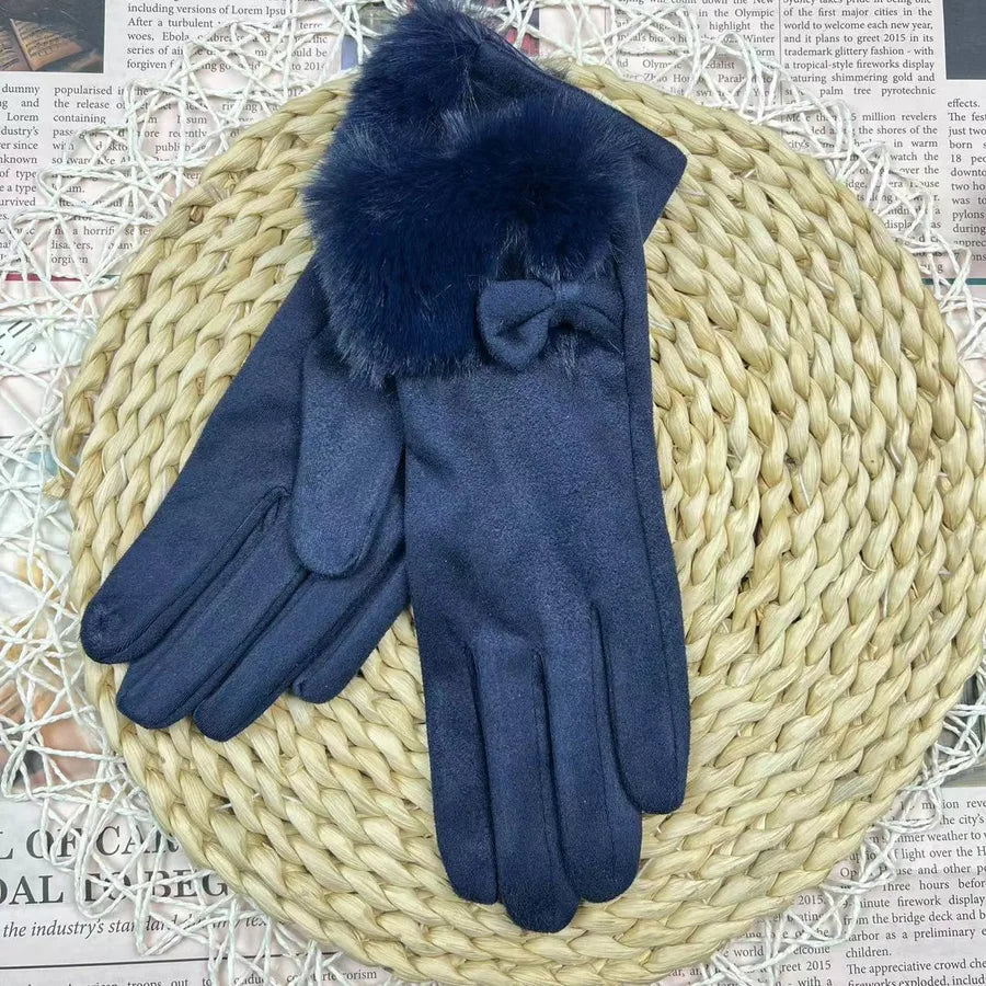 Women's Winter Touchscreen Gloves Rabbit Fur Lined Warm Suede Cycling Gloves Stylish Basic European Simple Design