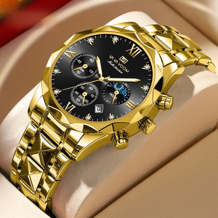 A generation of waterproof fine steel band men's watch new quartz watch calendar business room gold watch men