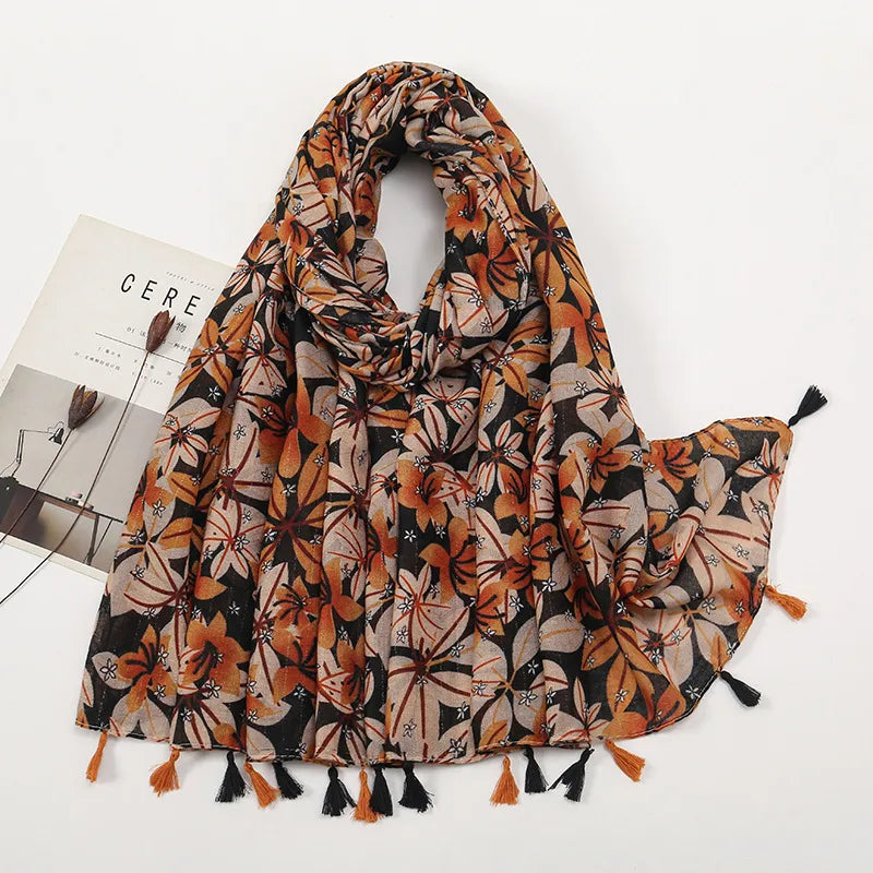 women's retro color block polyester printing scarf