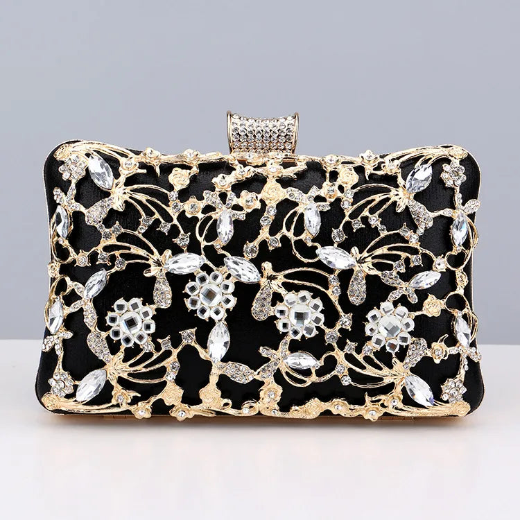 black gold silver pu leather flower rhinestone square clutch evening bag