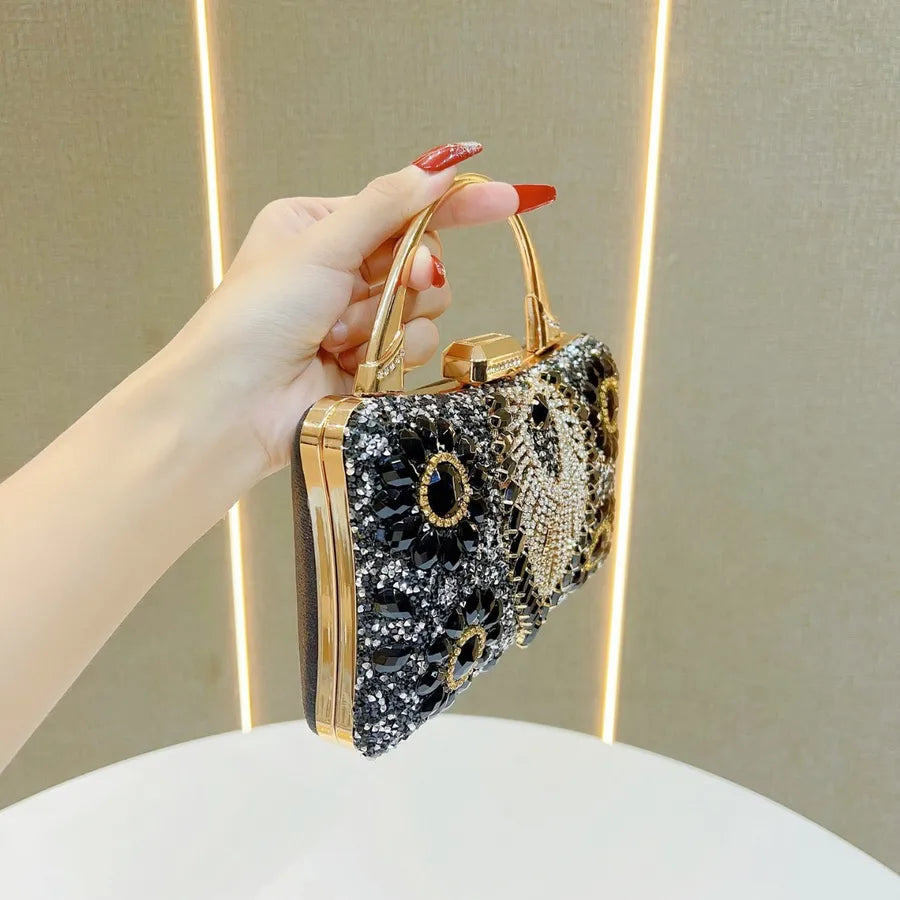 New Heavy Work Diamond Embedded Evening Bag Women's Wedding Banquet Match Cheongsam Handbag Square Shape Single Shoulder Strap