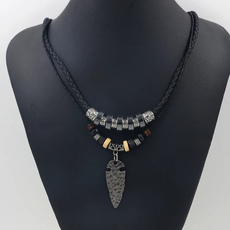 1 piece fashion leaf alloy leather rope haematite plating men's layered necklaces