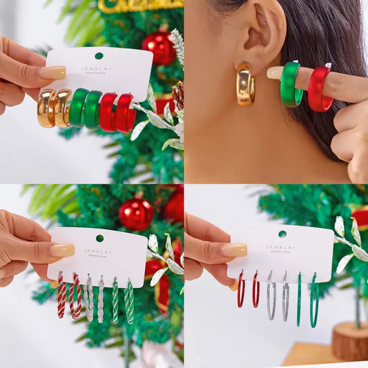 Christmas Themed Twisted Ear Cuff Earrings 3 Pairs Set Festive Red Green White Versatile Holiday Gift Unisex Zinc Alloy Resin