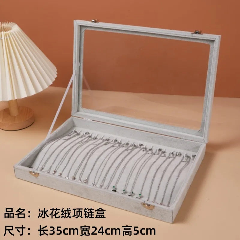 New Ice Grey Pearl Necklace Storage Box With Lid Glass Dustproof Long Bracelet Beads Thick Necklace Jewelry Box Simple Style