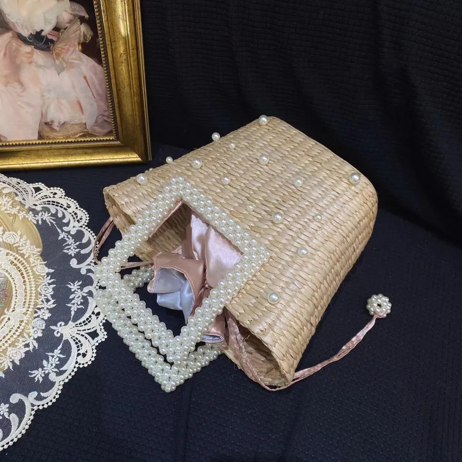 Women's Straw Flower Vacation Beading Pearls Weave Bucket String Handbag