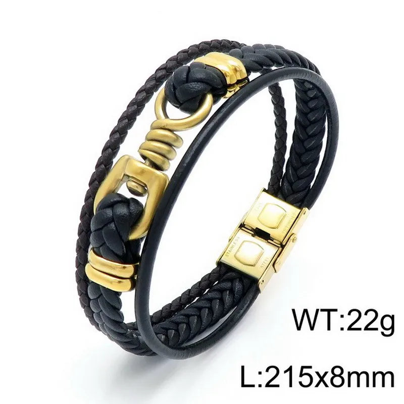 Hip-Hop Retro Color Block Pu Leather Titanium Steel Irregular Plating 18K Gold Plated Men's Bangle
