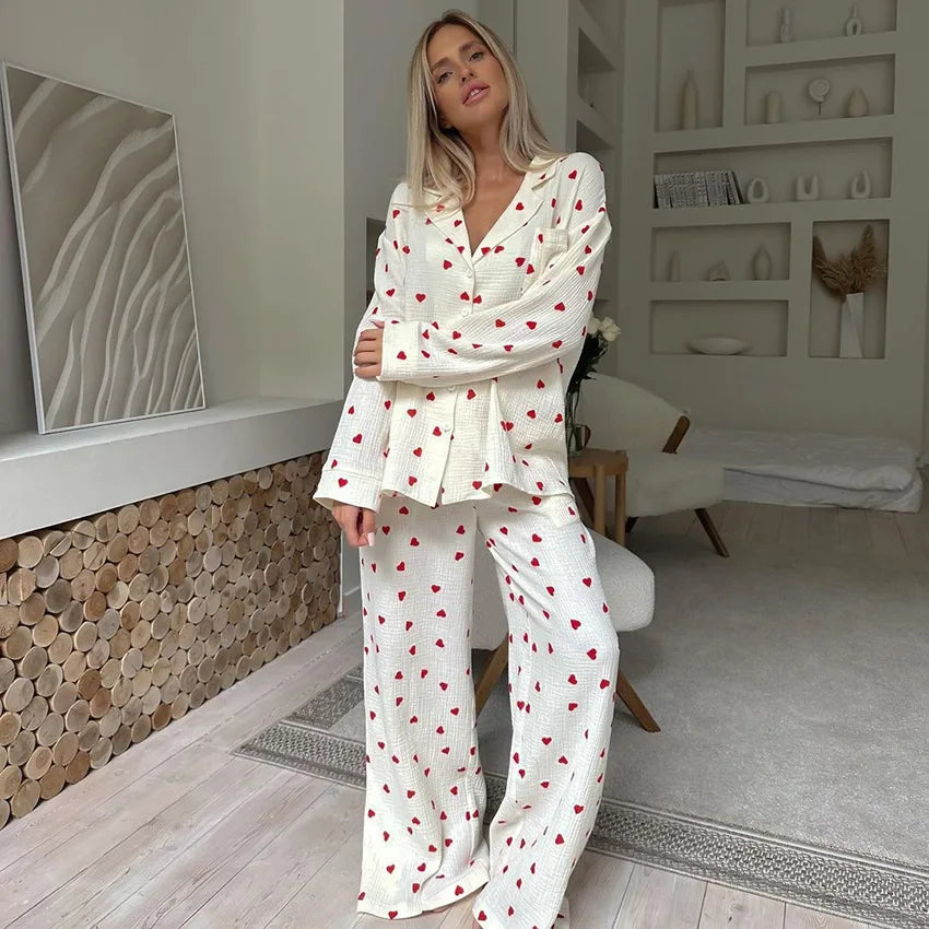 Home Outdoor Women's Sweet Heart Shape Cotton Pants Sets Pajama Sets
