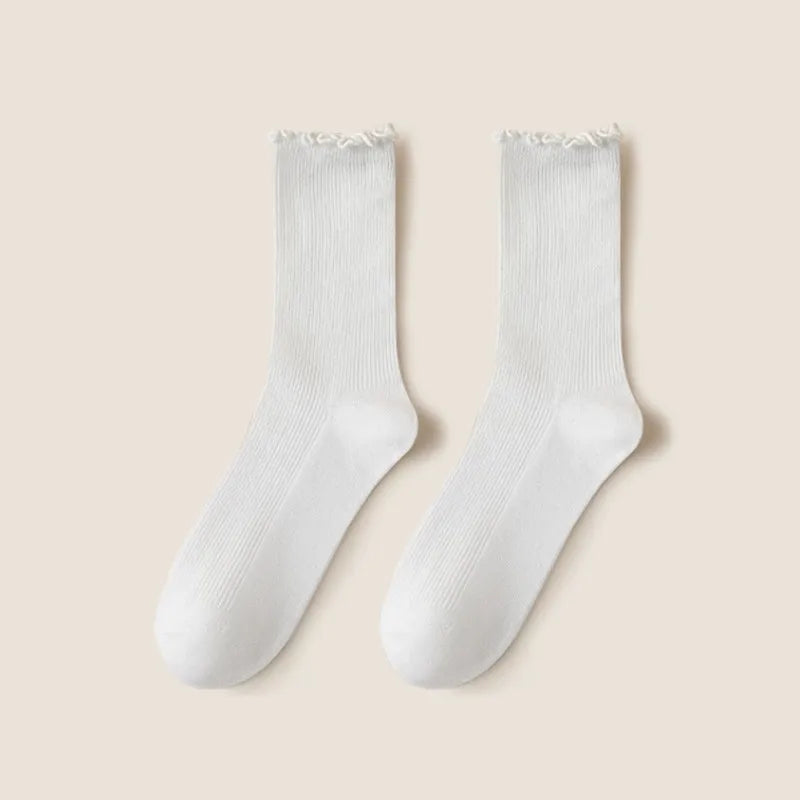 Wooden ear socks women's mid-calf socks summer thin pile socks summer black white autumn stockings loafers fashion