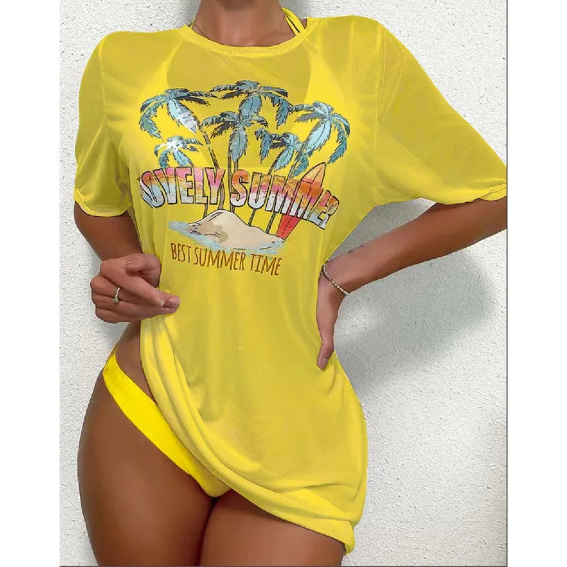 Women's Vacation Letter Coconut Tree 3 Pieces Set Bikinis Swimwear