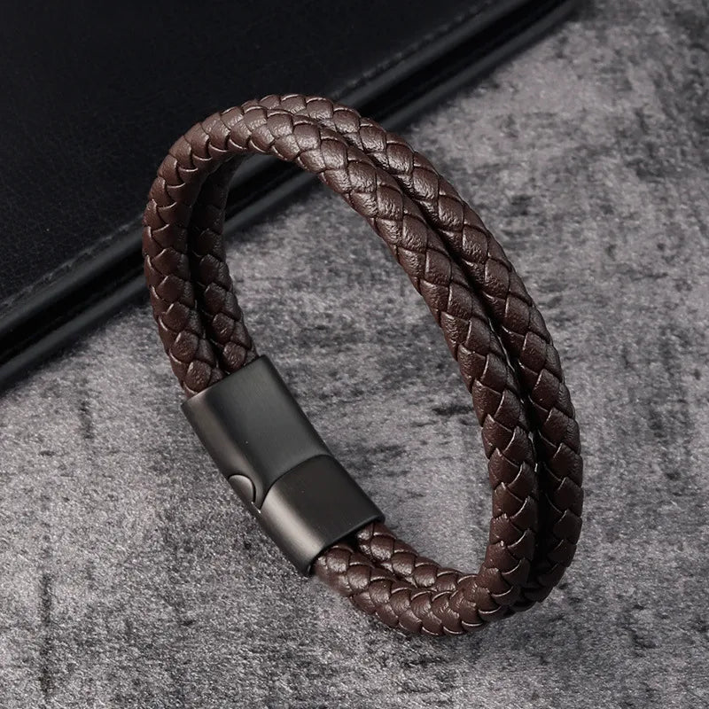 Vintage Style Simple Style Geometric Pu Leather Titanium Steel Woven Chain Wrap Bracelets Wholesale