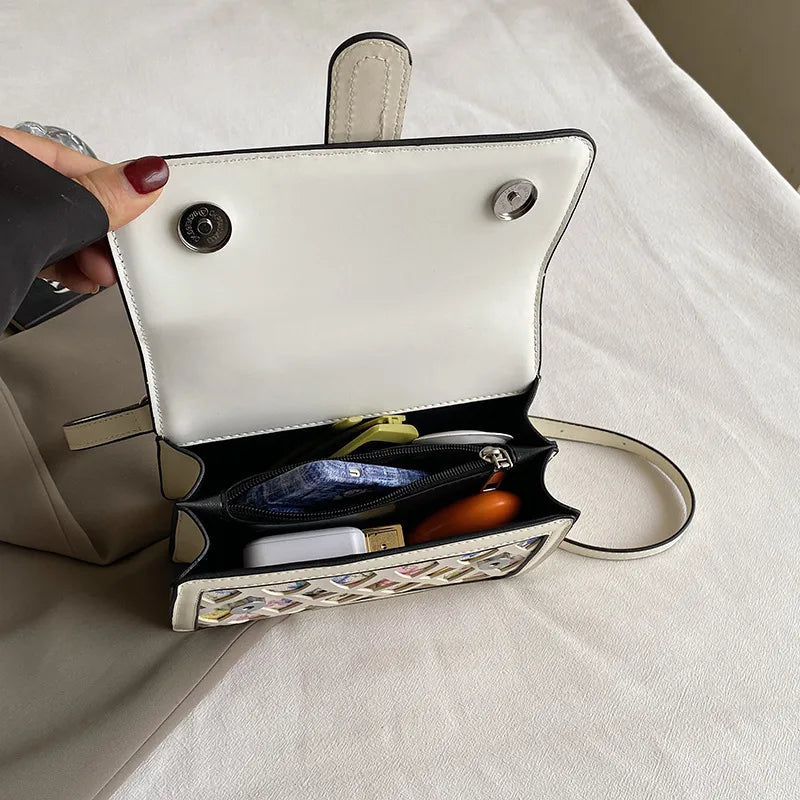Women's Small Pu Leather Printing Elegant Square Magnetic Buckle Handbag