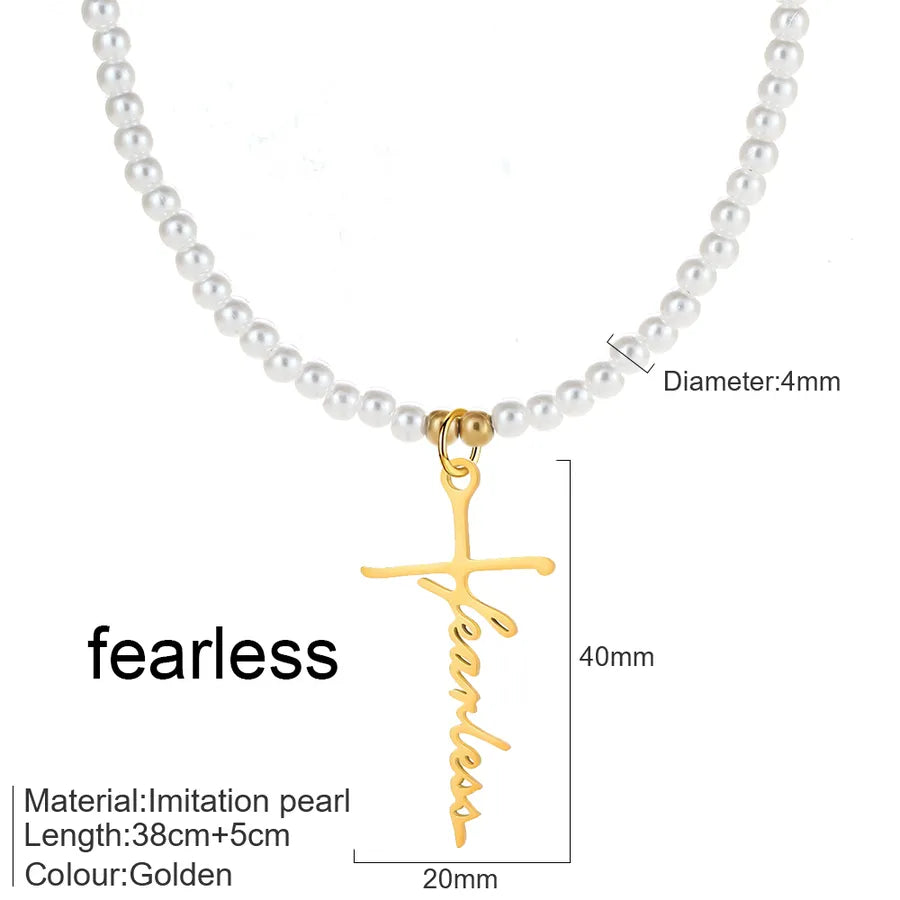 Elegant Simple Style Cross Letter 304 Stainless Steel Imitation Pearl Beaded Chain Beaded Necklaces Wholesale
