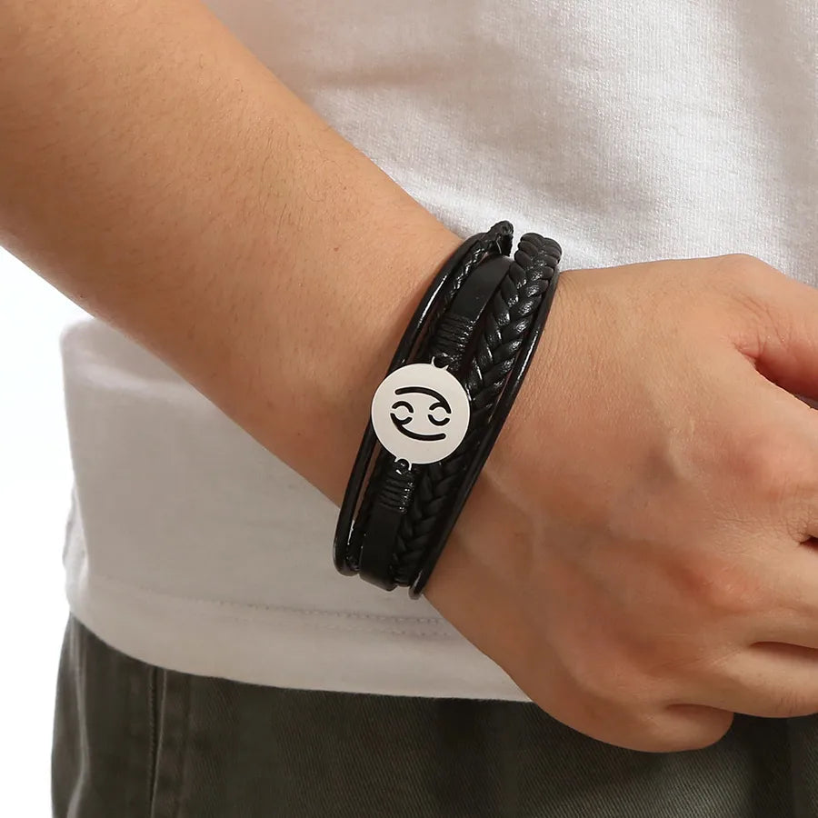 Simple Style Constellation 316 Stainless Steel  Pu Leather Layered Men's Bangle