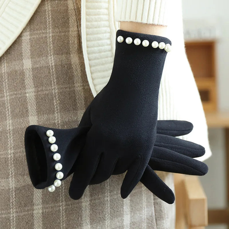 Women's Winter Fleece Lined Touchscreen Gloves Pearl Design Cycling Driving Warm New Style Cold Resistance Handwear