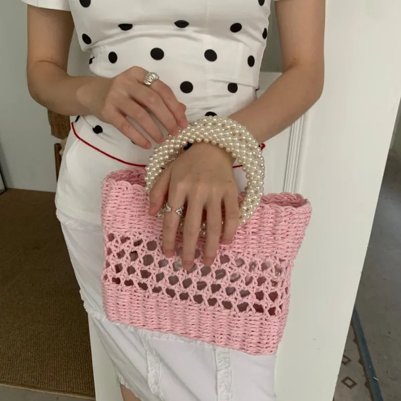 Chopped Straw Women's Woven Bag Hollow Portable Women's Bag Spring and Summer Niche Woven Bag New Fabric Straw Woven Bag Woven Bag Foreign Trade Hot Sale