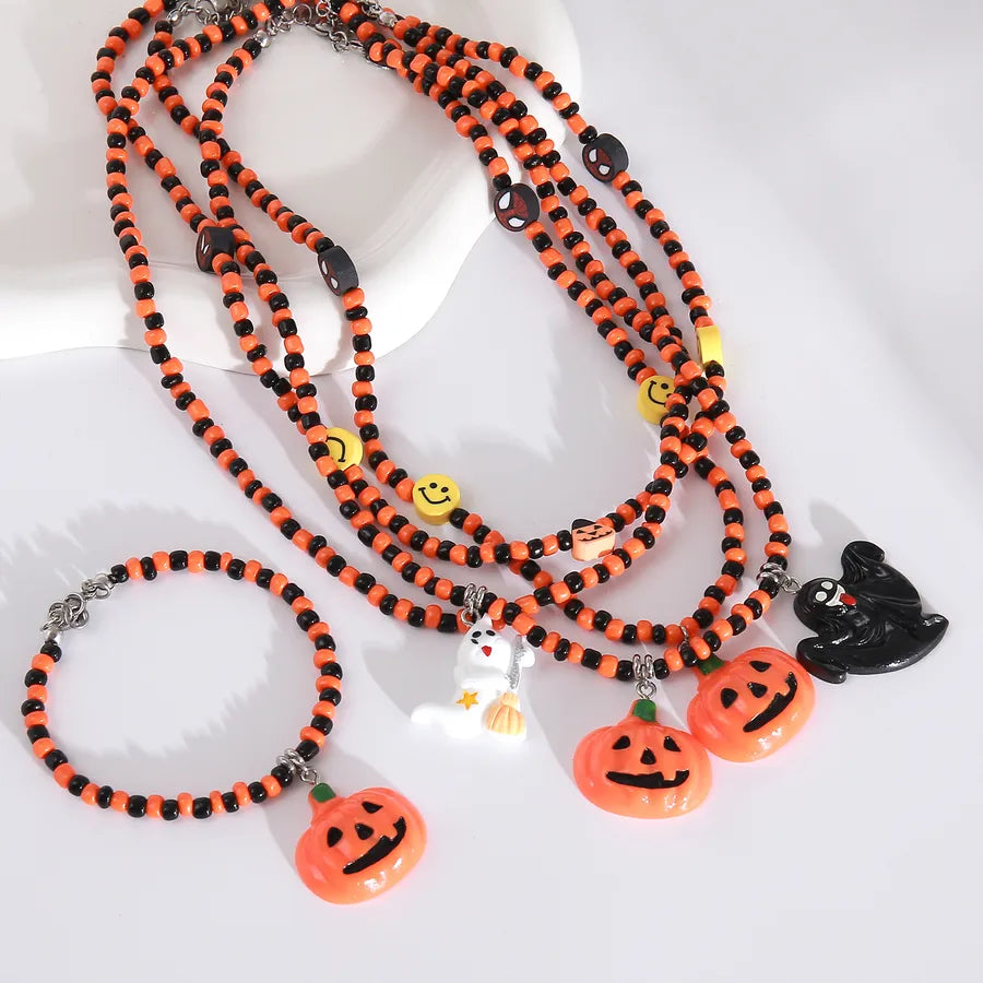 Gothic Halloween Pumpkin Smiley Pendant Necklace Bracelet Set Dark Style Resin Jewelry For Men And Women