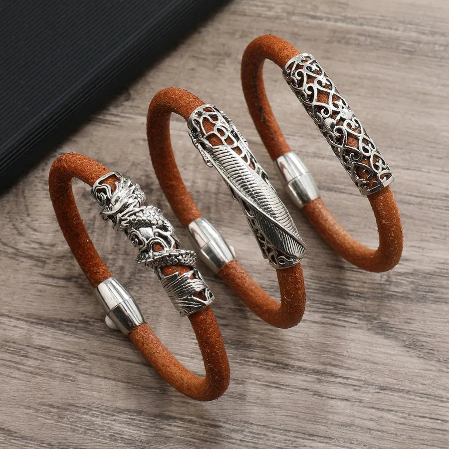 vintage style punk geometric dragon alloy cowhide handmade men's bracelets